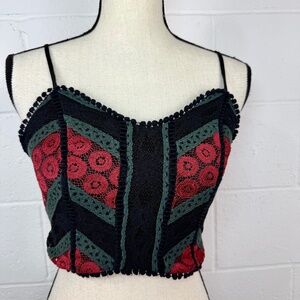 Xhilaration Women's Black Lace Crochet Crop Corset Style Top w Red & Green